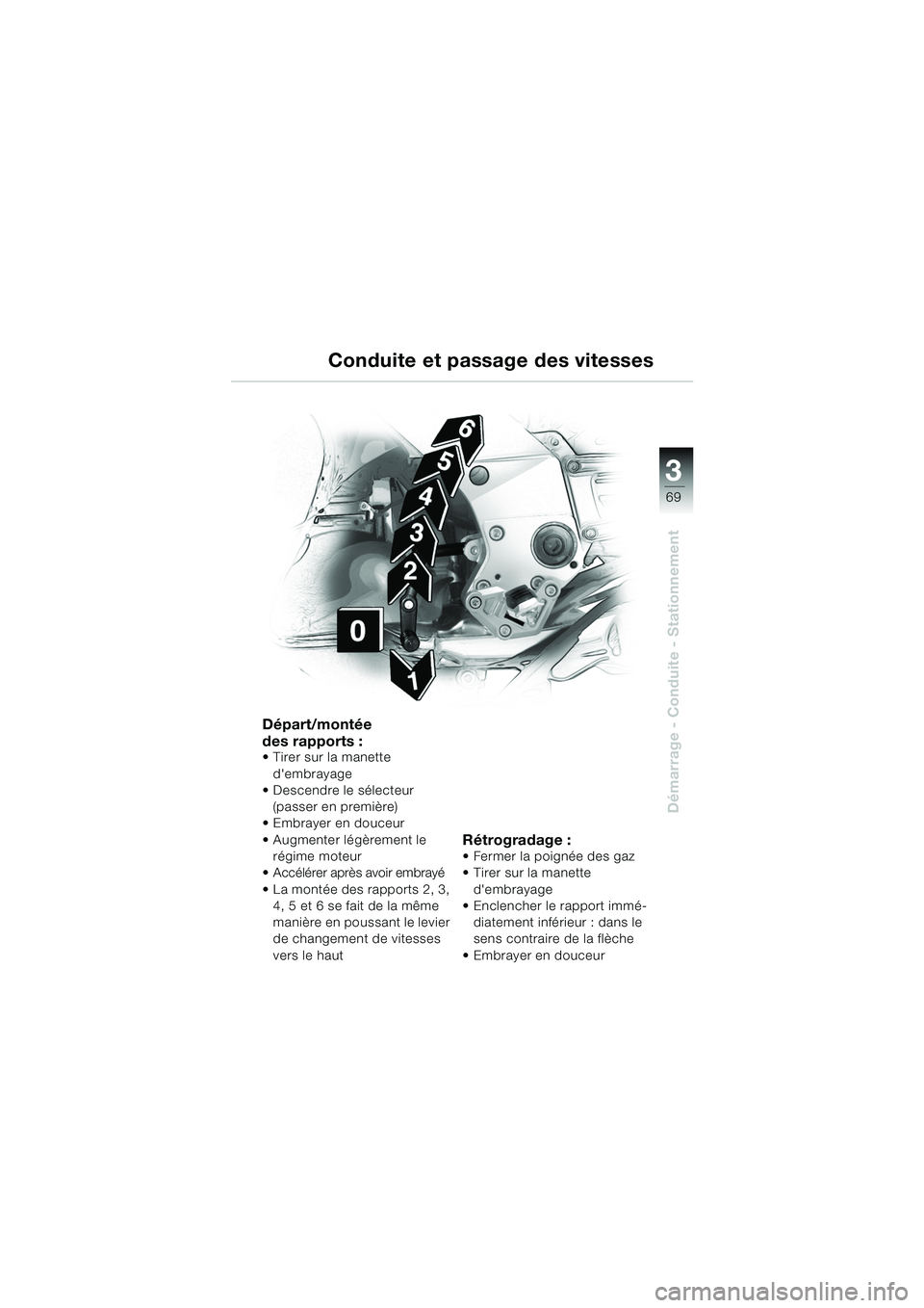 BMW MOTORRAD K 1200 GT 2002  Livret de bord (in French) 3
69
Démarrage - Conduite - Stationnement
Conduite et passage des vitesses
Départ/montée 
des rapports :
 Tirer sur la manette dembrayage
 Descendre le sélecteur 
(passer en première)
Embraye