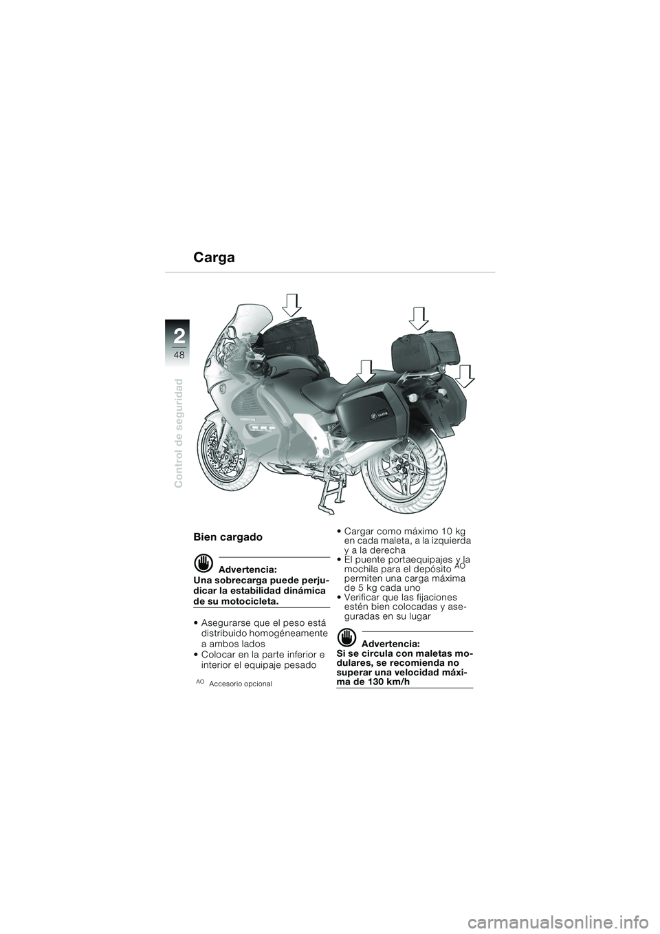 BMW MOTORRAD K 1200 GT 2002  Manual de instrucciones (in Spanish) 48
Control de seguridad
2
Bien cargado
d Advertencia:
Una sobrecarga puede perju-
dicar la estabilidad dinámica 
de su motocicleta.
 Asegurarse que el peso está  distribuido homogéneamente 
a ambo