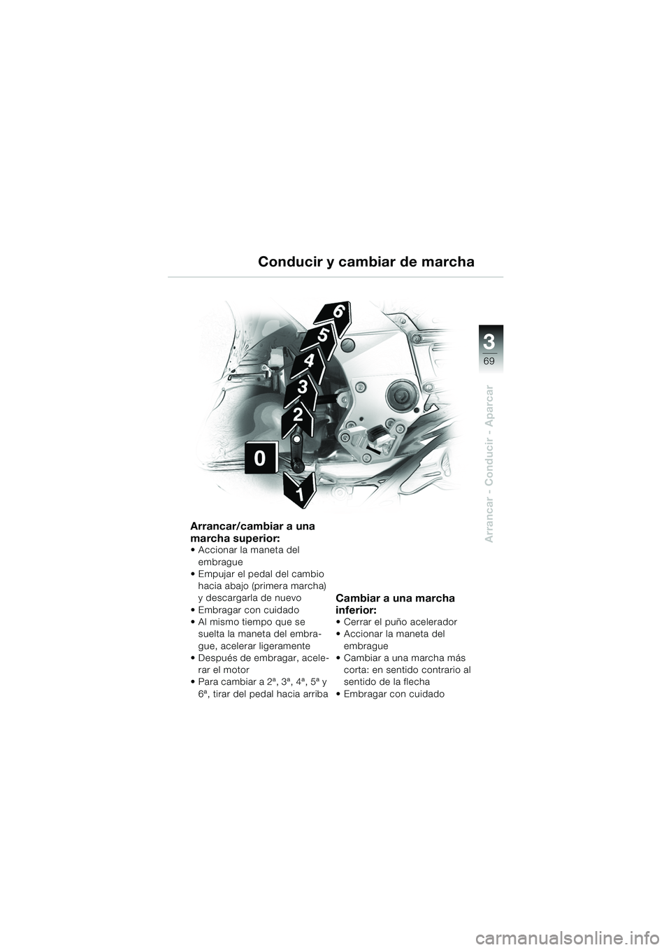 BMW MOTORRAD K 1200 GT 2002 Manual de instrucciones (in Spanish) 3
69
Arrancar - Conducir - Aparcar
Conducir y cambiar de marcha
Arrancar/cambiar a una
marcha superior:
Accionar la maneta del embrague
Empujar el pedal del cambio
hacia abajo (primera marcha)
BMW MOTORRAD K 1200 GT 2002 Manual de instrucciones (in Spanish) 3
69
Arrancar - Conducir - Aparcar
Conducir y cambiar de marcha
Arrancar/cambiar a una
marcha superior:
Accionar la maneta del embrague
Empujar el pedal del cambio
hacia abajo (primera marcha)