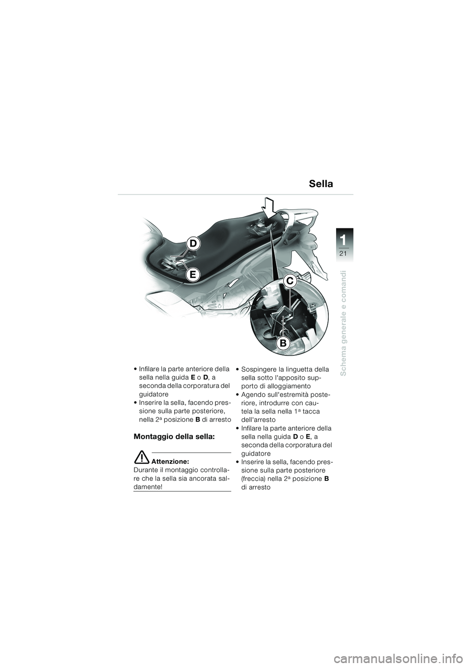 BMW MOTORRAD K 1200 GT 2002  Libretto di uso e manutenzione (in Italian) 21
Schema generale e comandi
1
Sella
 Infilare la parte anteriore della sella nella guida  E o  D, a 
seconda della corporatura del 
guidatore
 Inserire la sella, facendo pres- sione sulla parte pos