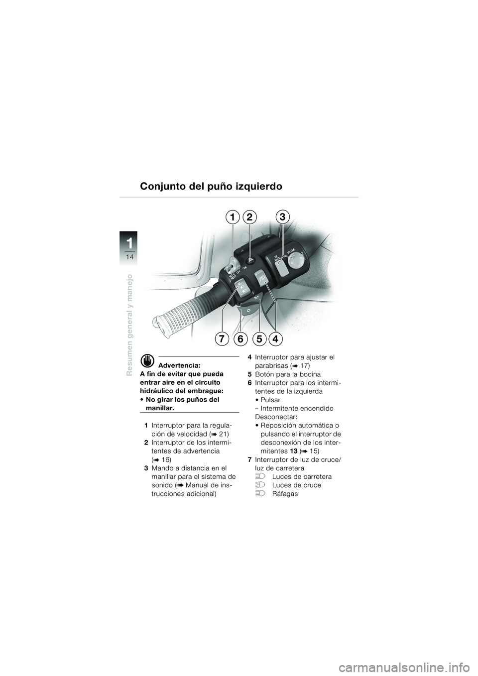 BMW MOTORRAD K 1200 LT 2002 Manual de instrucciones (in Spanish) 14
Resumen general y manejo
1
Conjunto del puño izquierdo
d Advertencia:
A fin de evitar que pueda
entrar aire en el circuito
hidráulico del embrague:
No girar los puños del
manillar.
1Interru BMW MOTORRAD K 1200 LT 2002 Manual de instrucciones (in Spanish) 14
Resumen general y manejo
1
Conjunto del puño izquierdo
d Advertencia:
A fin de evitar que pueda
entrar aire en el circuito
hidráulico del embrague:
No girar los puños del
manillar.
1Interru