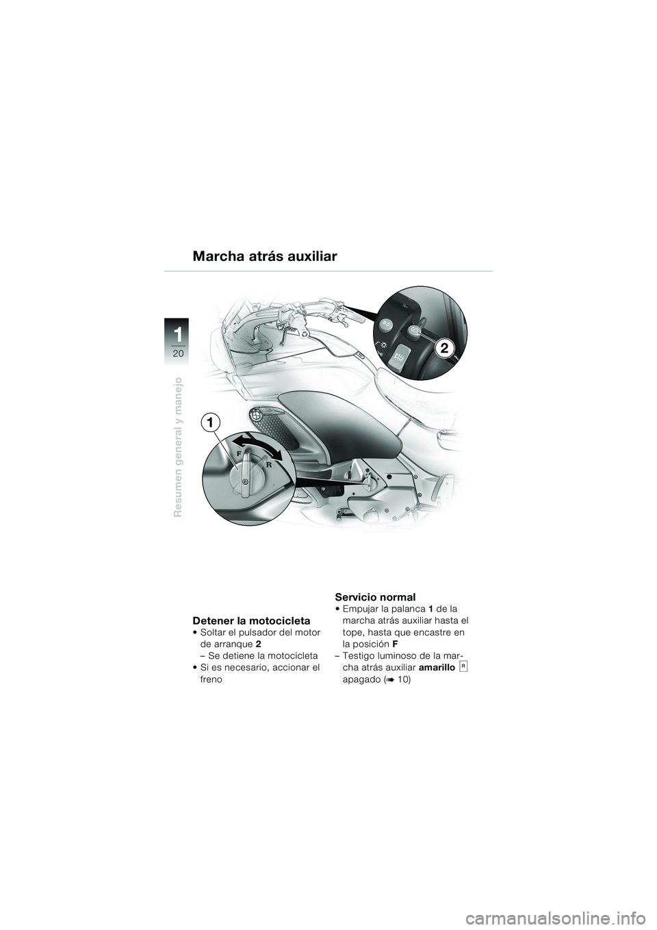BMW MOTORRAD K 1200 LT 2002 Manual de instrucciones (in Spanish) 20
Resumen general y manejo
1
Marcha atrás auxiliar
Detener la motocicletaSoltar el pulsador del motor
de arranque2
–Se detiene la motocicleta
Si es necesario, accionar el
freno
Servicio norma BMW MOTORRAD K 1200 LT 2002 Manual de instrucciones (in Spanish) 20
Resumen general y manejo
1
Marcha atrás auxiliar
Detener la motocicletaSoltar el pulsador del motor
de arranque2
–Se detiene la motocicleta
Si es necesario, accionar el
freno
Servicio norma