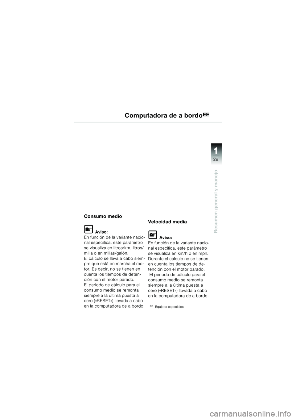 BMW MOTORRAD K 1200 LT 2002 Manual de instrucciones (in Spanish) 29
Resumen general y manejo
1
Computadora de a bordoEE
Consumo medio
L Aviso:
En función de la variante nacio-
nal específica, este parámetro
se visualiza en litros/km, litros/
milla o en millas/g BMW MOTORRAD K 1200 LT 2002 Manual de instrucciones (in Spanish) 29
Resumen general y manejo
1
Computadora de a bordoEE
Consumo medio
L Aviso:
En función de la variante nacio-
nal específica, este parámetro
se visualiza en litros/km, litros/
milla o en millas/g