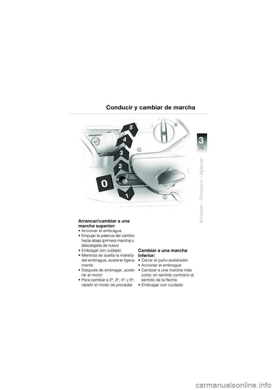 BMW MOTORRAD K 1200 LT 2002 Manual de instrucciones (in Spanish) 3
75
Arrancar – Conducir – Aparcar
Conducir y cambiar de marcha
Arrancar/cambiar a una
marcha superior:
Accionar el embrague
Empujar la palanca del cambio
hacia abajo (primera marcha) y
desca BMW MOTORRAD K 1200 LT 2002 Manual de instrucciones (in Spanish) 3
75
Arrancar – Conducir – Aparcar
Conducir y cambiar de marcha
Arrancar/cambiar a una
marcha superior:
Accionar el embrague
Empujar la palanca del cambio
hacia abajo (primera marcha) y
desca