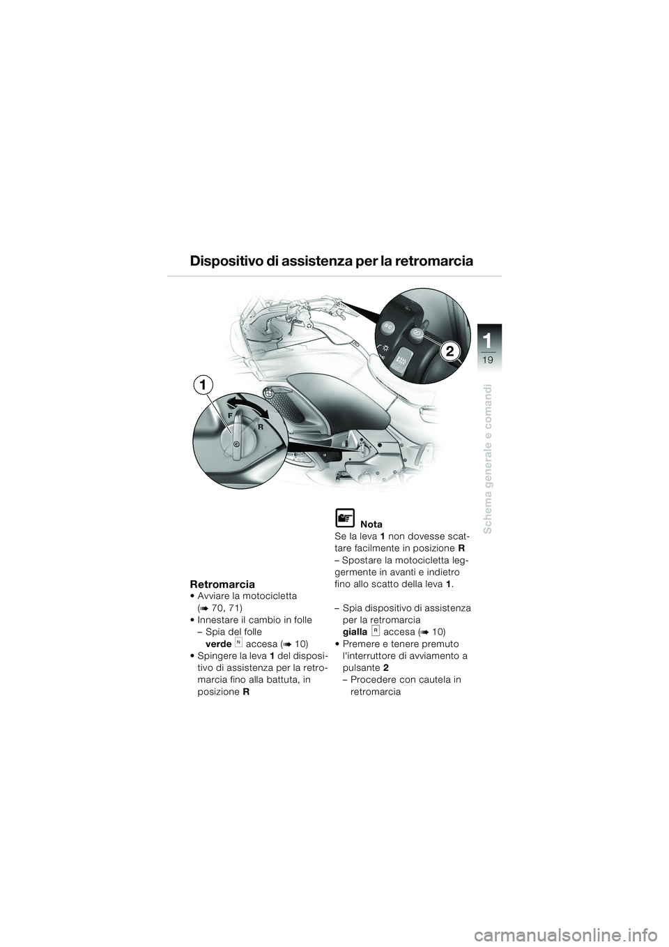 BMW MOTORRAD K 1200 LT 2002 Libretto di uso e manutenzione (in Italian) 19
Schema generale e comandi
1
Dispositivo di assistenza per la retromarcia
RetromarciaAvviare la motocicletta
(
b 70, 71)
Innestare il cambio in folle
–Spia del folle
verde
k accesa (b 10)
S BMW MOTORRAD K 1200 LT 2002 Libretto di uso e manutenzione (in Italian) 19
Schema generale e comandi
1
Dispositivo di assistenza per la retromarcia
RetromarciaAvviare la motocicletta
(
b 70, 71)
Innestare il cambio in folle
–Spia del folle
verde
k accesa (b 10)
S
