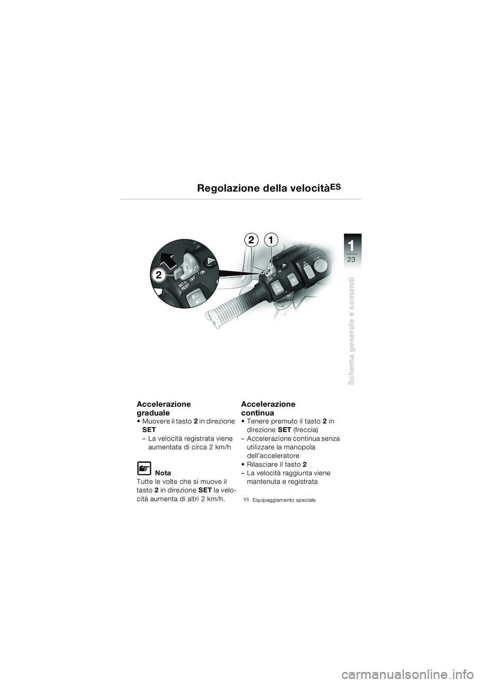 BMW MOTORRAD K 1200 LT 2002 Libretto di uso e manutenzione (in Italian) 23
Schema generale e comandi
1
Regolazione della velocitàES
Accelerazione
graduale
Muovere il tasto2 in direzione
SET
–La velocità registrata viene
aumentata di circa 2 km/h
L Nota
Tutte le vol BMW MOTORRAD K 1200 LT 2002 Libretto di uso e manutenzione (in Italian) 23
Schema generale e comandi
1
Regolazione della velocitàES
Accelerazione
graduale
Muovere il tasto2 in direzione
SET
–La velocità registrata viene
aumentata di circa 2 km/h
L Nota
Tutte le vol