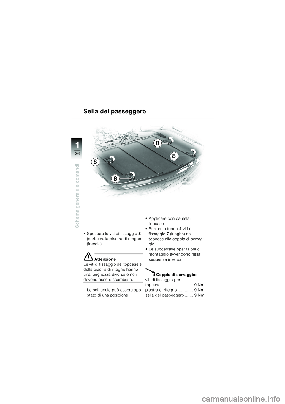 BMW MOTORRAD K 1200 LT 2002  Libretto di uso e manutenzione (in Italian) 36
Schema generale e comandi
1
Sella del passeggero
Spostare le viti di fissaggio8 
(corte) sulla piastra di ritegno 
(freccia)
e Attenzione
Le viti di fissaggio del topcase e 
della piastra di riteg