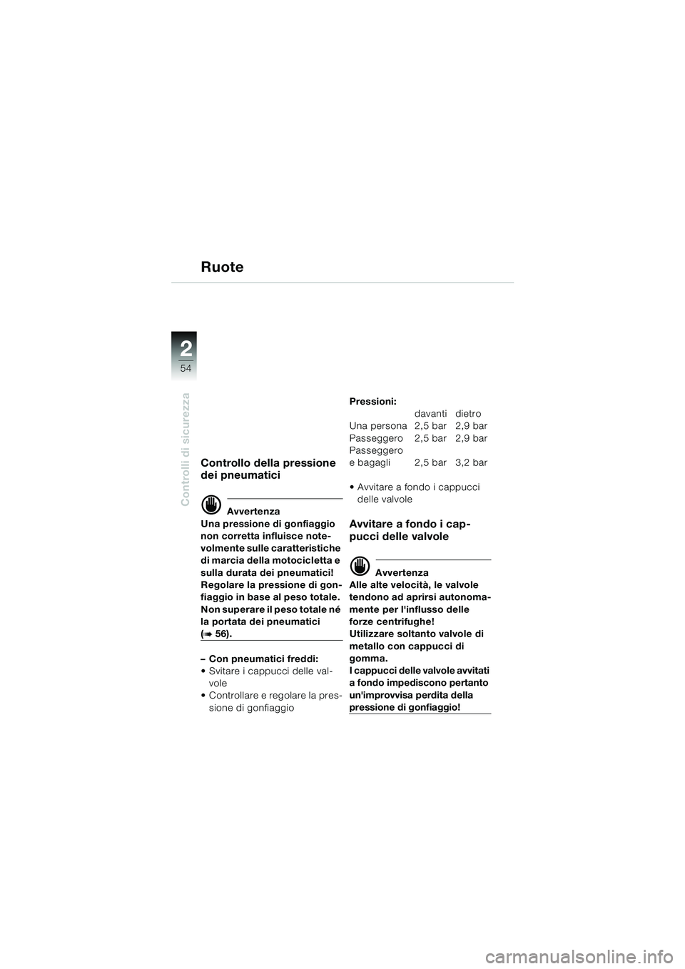 BMW MOTORRAD K 1200 LT 2002 Libretto di uso e manutenzione (in Italian) 54
Controlli di sicurezza
2
Ruote
Controllo della pressione
dei pneumatici
d Avvertenza
Una pressione di gonfiaggio
non corretta influisce note-
volmente sulle caratteristiche
di marcia della motoc BMW MOTORRAD K 1200 LT 2002 Libretto di uso e manutenzione (in Italian) 54
Controlli di sicurezza
2
Ruote
Controllo della pressione
dei pneumatici
d Avvertenza
Una pressione di gonfiaggio
non corretta influisce note-
volmente sulle caratteristiche
di marcia della motoc