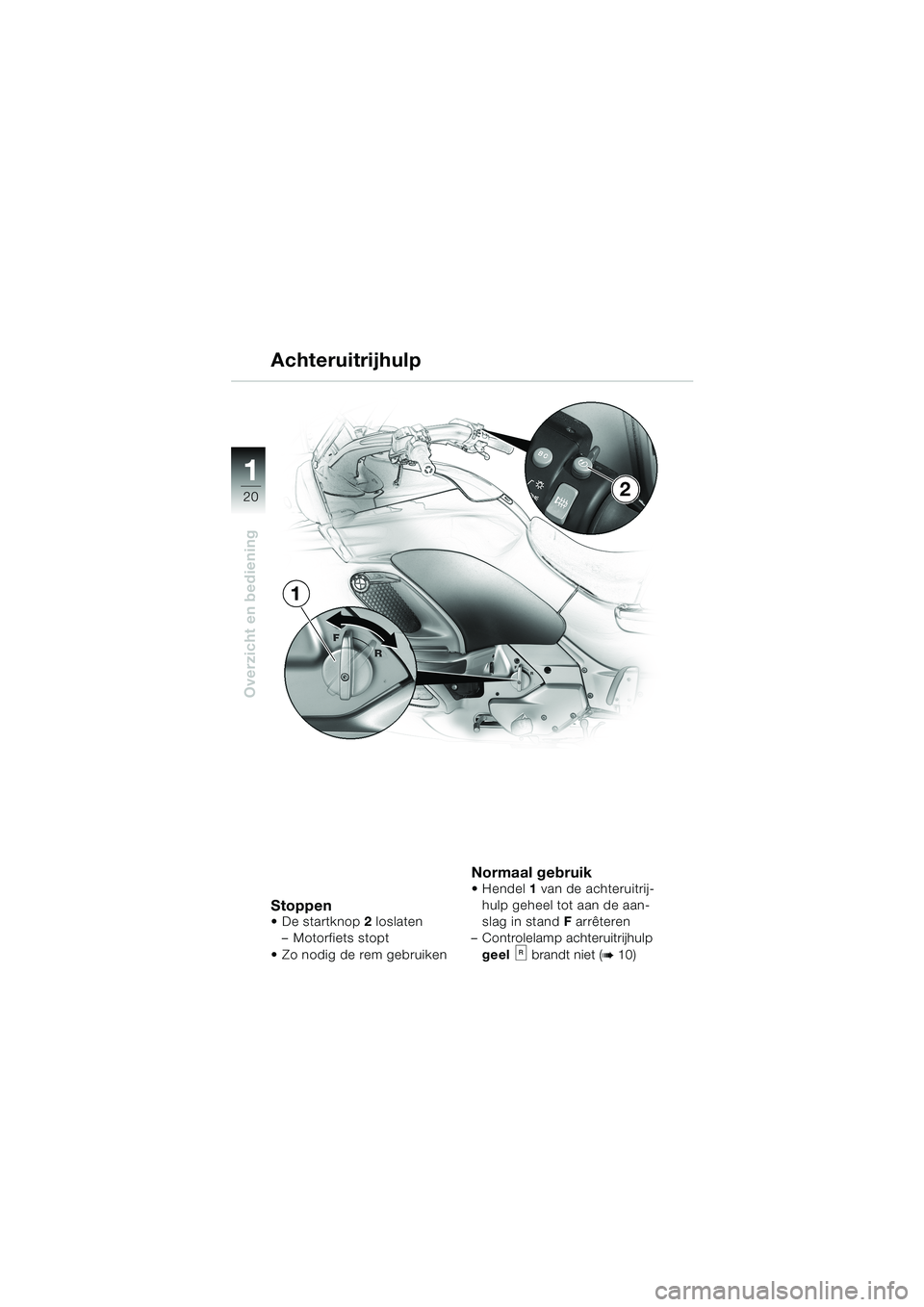 BMW MOTORRAD K 1200 LT 2002  Handleiding (in Dutch) 20
Overzicht en bediening
1
Achteruitrijhulp
StoppenDe startknop2 loslaten
–Motorfiets stopt
Zo nodig de rem gebruiken
Normaal gebruikHendel1 van de achteruitrij-
hulp geheel tot aan de aan-
slag