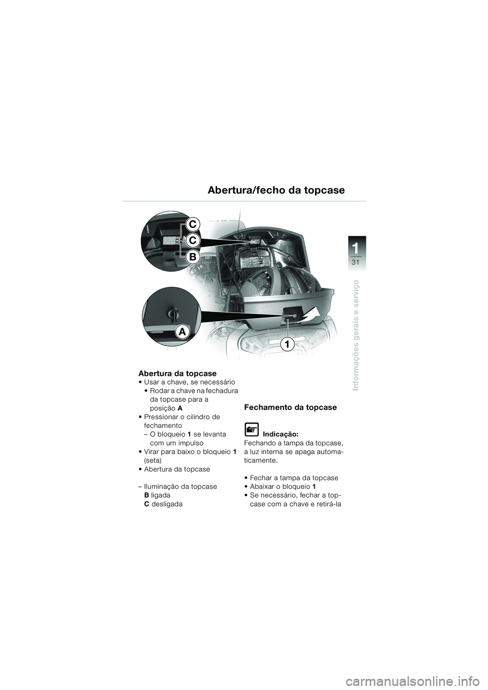BMW MOTORRAD K 1200 LT 2002  Manual do condutor (in Portuguese) 31
Informações gerais e serviço
1
Abertura/fecho da topcase
Abertura da topcaseUsar a chave, se necessário 
Rodar a chave na fechadura 
da topcase para a 
posiçãoA 
Pressionar o cilindro de 
