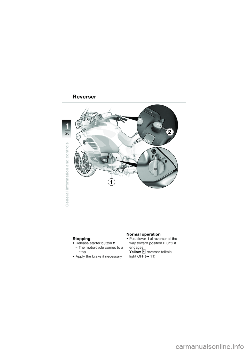 BMW MOTORRAD K 1200 LT 2005  Riders Manual (in English) 20
General information and controls
1
2
1
Stopping Release starter button2 
– The motorcycle comes to a  stop
 Apply the brake if necessary
Normal operationPush lever 1 of reverser all the 
way t