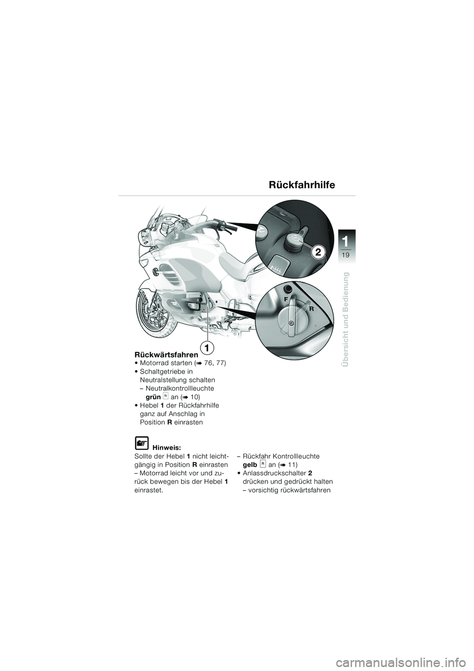 BMW MOTORRAD K 1200 LT 2005 Betriebsanleitung (in German) 19
Übersicht und Bedienung
1
Rückwärtsfahren Motorrad starten (b 76, 77)
Schaltgetriebe in Neutralstellung schalten
– Neutralkontrollleuchte
grün
k an (b 10)
Hebel 1 der Rückfahrhilfe BMW MOTORRAD K 1200 LT 2005 Betriebsanleitung (in German) 19
Übersicht und Bedienung
1
Rückwärtsfahren Motorrad starten (b 76, 77)
Schaltgetriebe in Neutralstellung schalten
– Neutralkontrollleuchte
grün
k an (b 10)
Hebel 1 der Rückfahrhilfe
