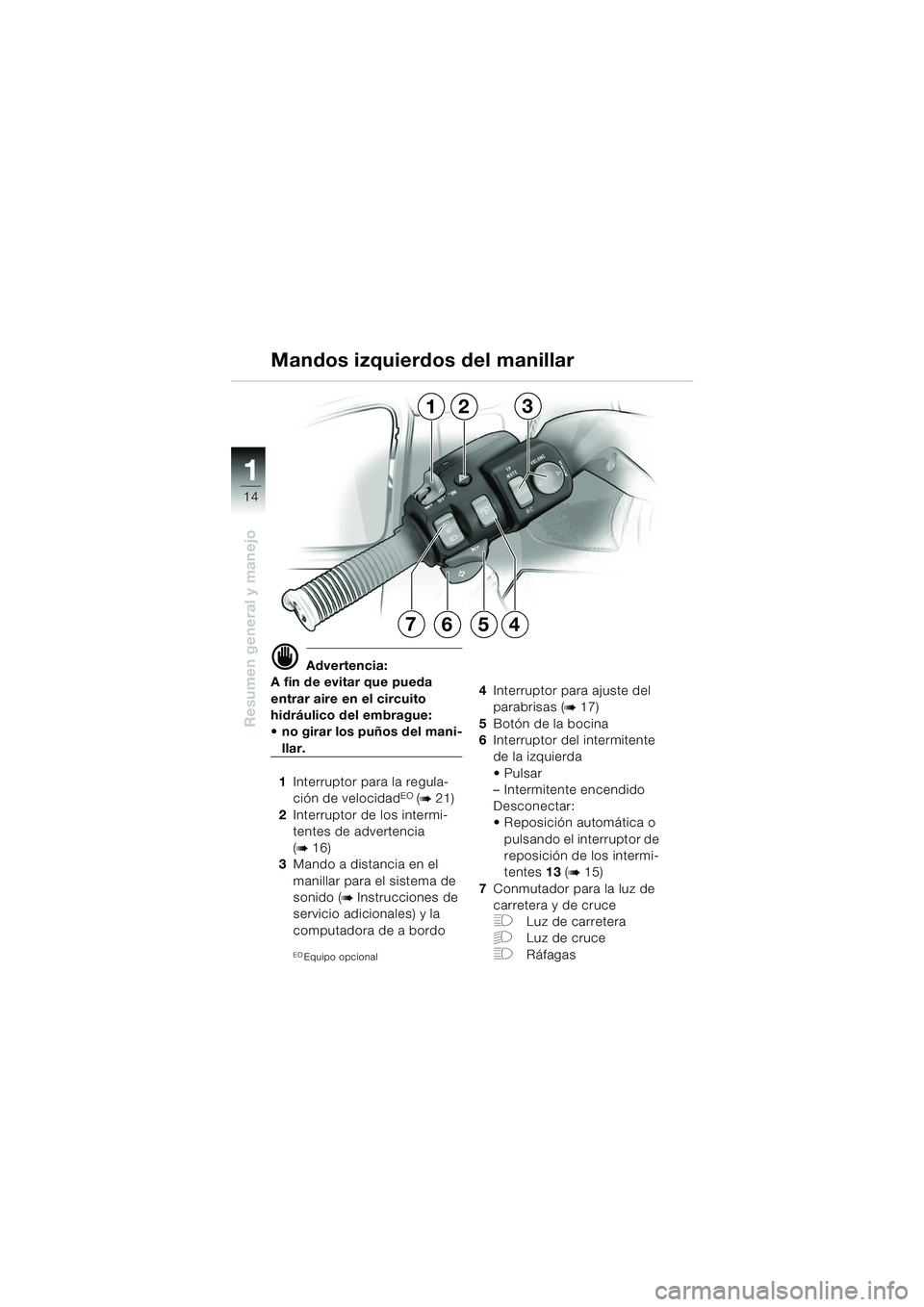 BMW MOTORRAD K 1200 LT 2005  Manual de instrucciones (in Spanish) 14
Resumen general y manejo
1
Mandos izquierdos del manillar
d Advertencia:
A fin de evitar que pueda 
entrar aire en el circuito 
hidráulico del embrague: 
 no girar los puños del mani-
llar.
1 In