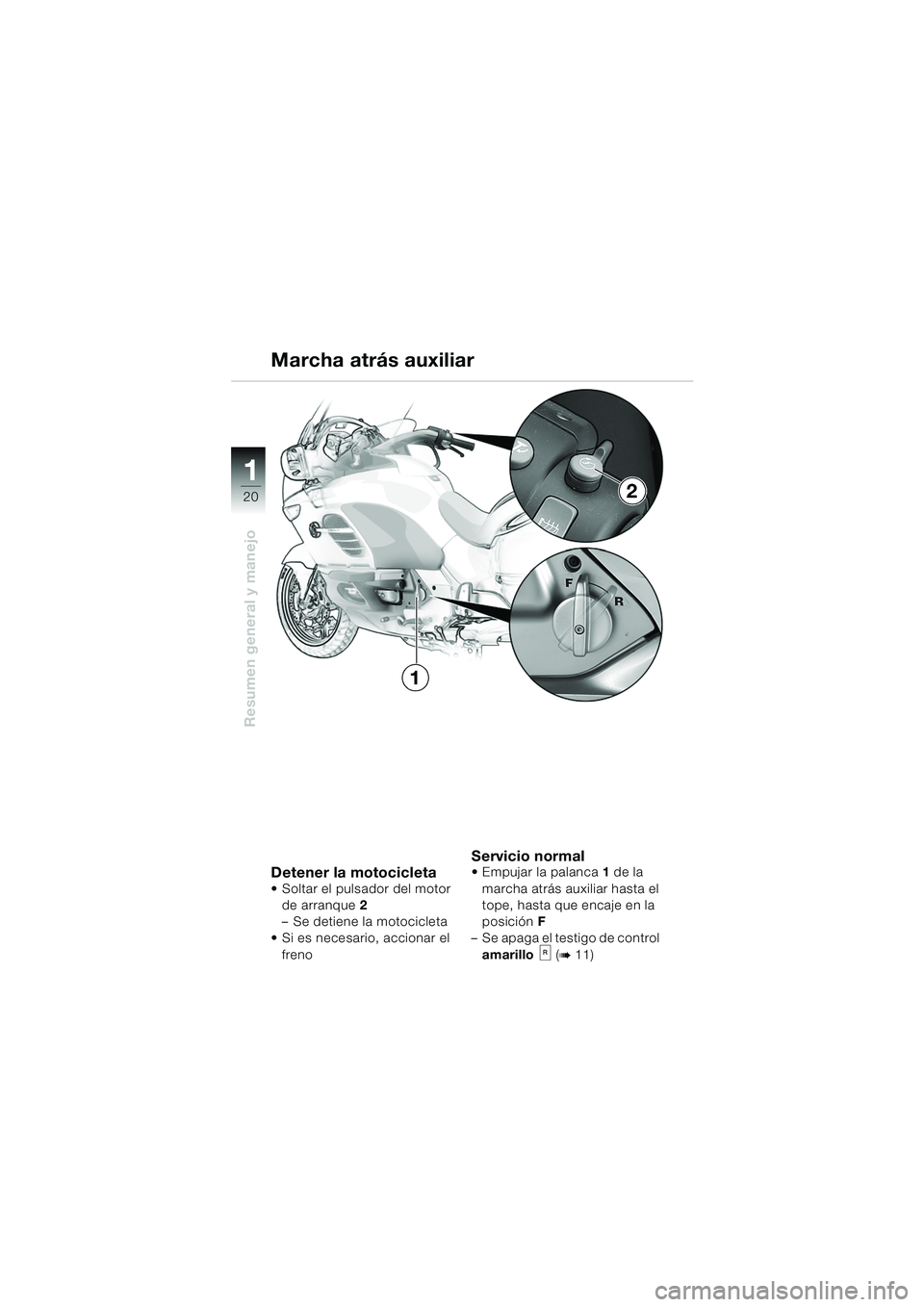 BMW MOTORRAD K 1200 LT 2005 Manual de instrucciones (in Spanish) 20
Resumen general y manejo
1
2
1
Detener la motocicleta Soltar el pulsador del motor de arranque 2
– Se detiene la motocicleta
Si es necesario, accionar el
freno
Servicio normal Empujar la pa BMW MOTORRAD K 1200 LT 2005 Manual de instrucciones (in Spanish) 20
Resumen general y manejo
1
2
1
Detener la motocicleta Soltar el pulsador del motor de arranque 2
– Se detiene la motocicleta
Si es necesario, accionar el
freno
Servicio normal Empujar la pa
