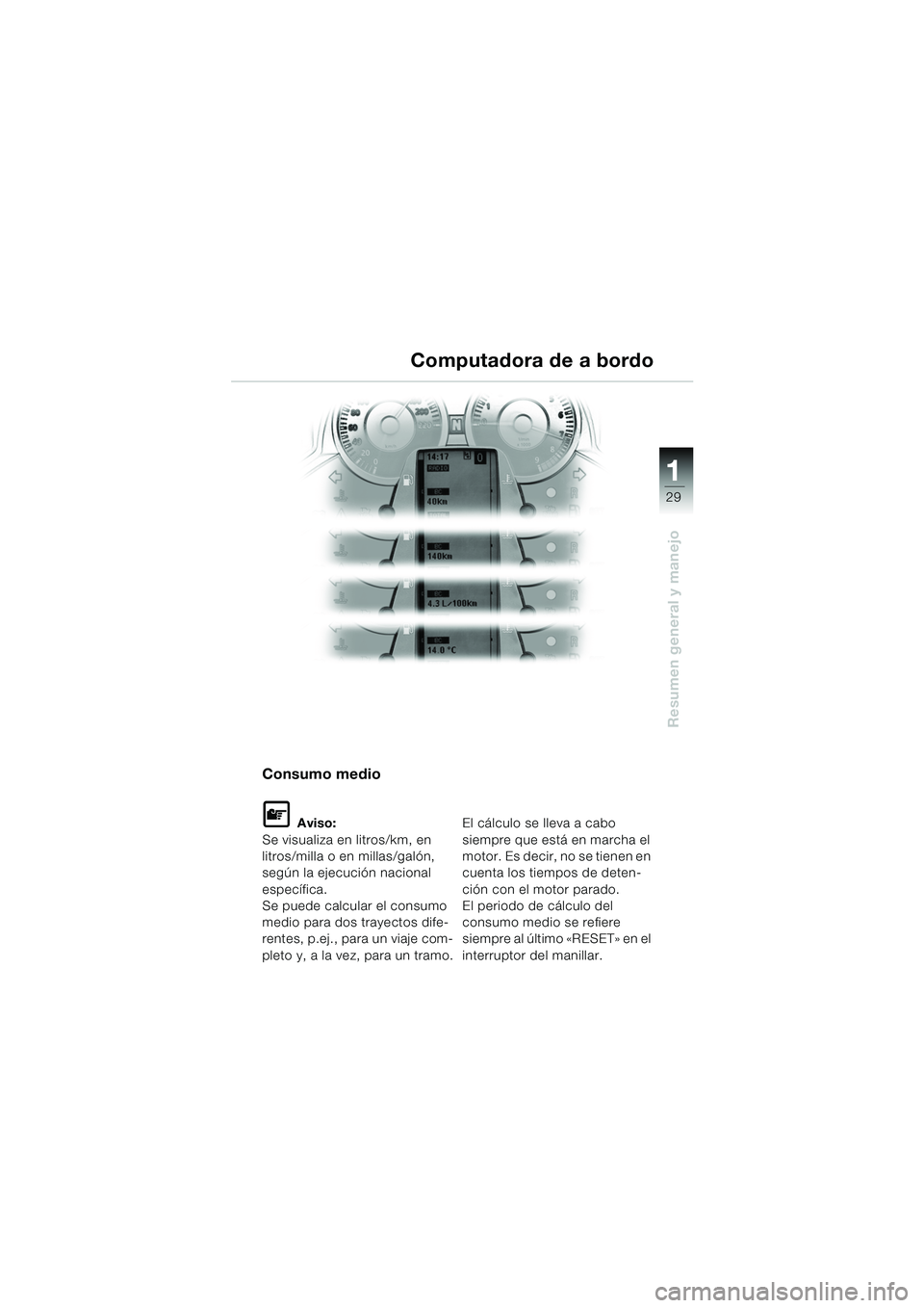 BMW MOTORRAD K 1200 LT 2005  Manual de instrucciones (in Spanish) 29
Resumen general y manejo
1
Computadora de a bordo
Consumo medio
L Aviso:
Se visualiza en litros/km, en 
litros/milla o en millas/galón, 
según la ejecución nacional 
específica. 
Se puede calcu