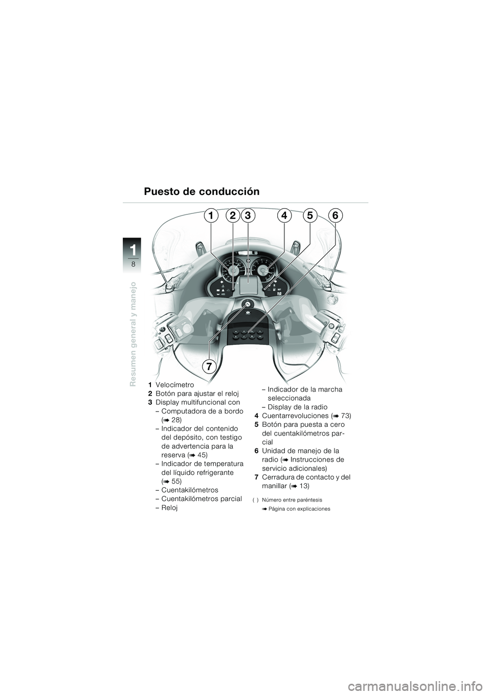 BMW MOTORRAD K 1200 LT 2005 Manual de instrucciones (in Spanish) 8
Resumen general y manejo
1
1Velocímetro
2 Botón para ajustar el reloj
3 Display multifuncional con
– Computadora de a bordo
(
b28)
– Indicador del contenido del depósito, con testigo
de ad BMW MOTORRAD K 1200 LT 2005 Manual de instrucciones (in Spanish) 8
Resumen general y manejo
1
1Velocímetro
2 Botón para ajustar el reloj
3 Display multifuncional con
– Computadora de a bordo
(
b28)
– Indicador del contenido del depósito, con testigo
de ad