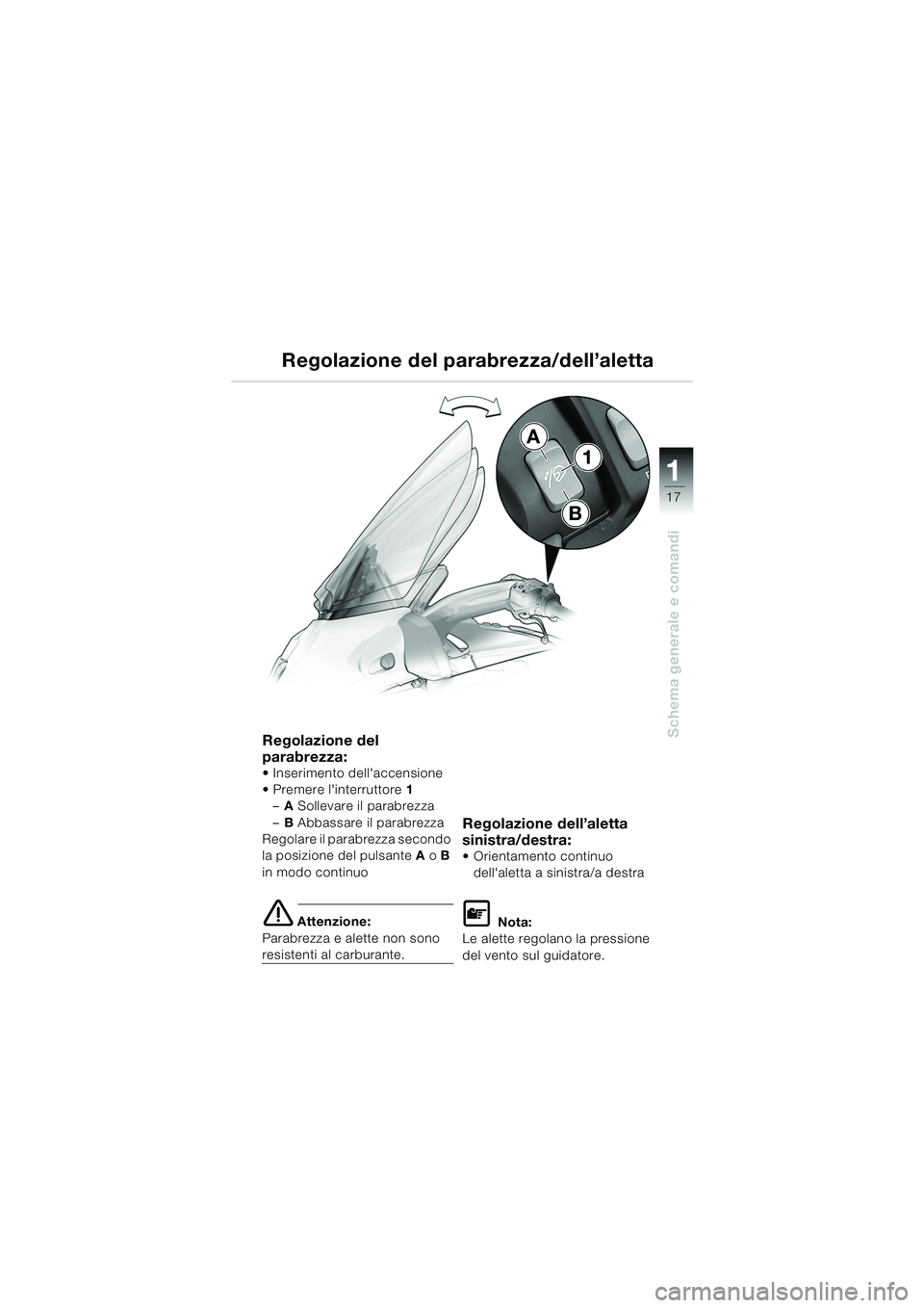 BMW MOTORRAD K 1200 LT 2005 Libretto di uso e manutenzione (in Italian) 17
Schema generale e comandi
1
A
B
1
Regolazione del parabrezza/dell’aletta
Regolazione del
parabrezza:
Inserimento dellaccensione
Premere linterruttore
1
– A Sollevare il parabrezza
– B BMW MOTORRAD K 1200 LT 2005 Libretto di uso e manutenzione (in Italian) 17
Schema generale e comandi
1
A
B
1
Regolazione del parabrezza/dell’aletta
Regolazione del
parabrezza:
Inserimento dellaccensione
Premere linterruttore
1
– A Sollevare il parabrezza
– B