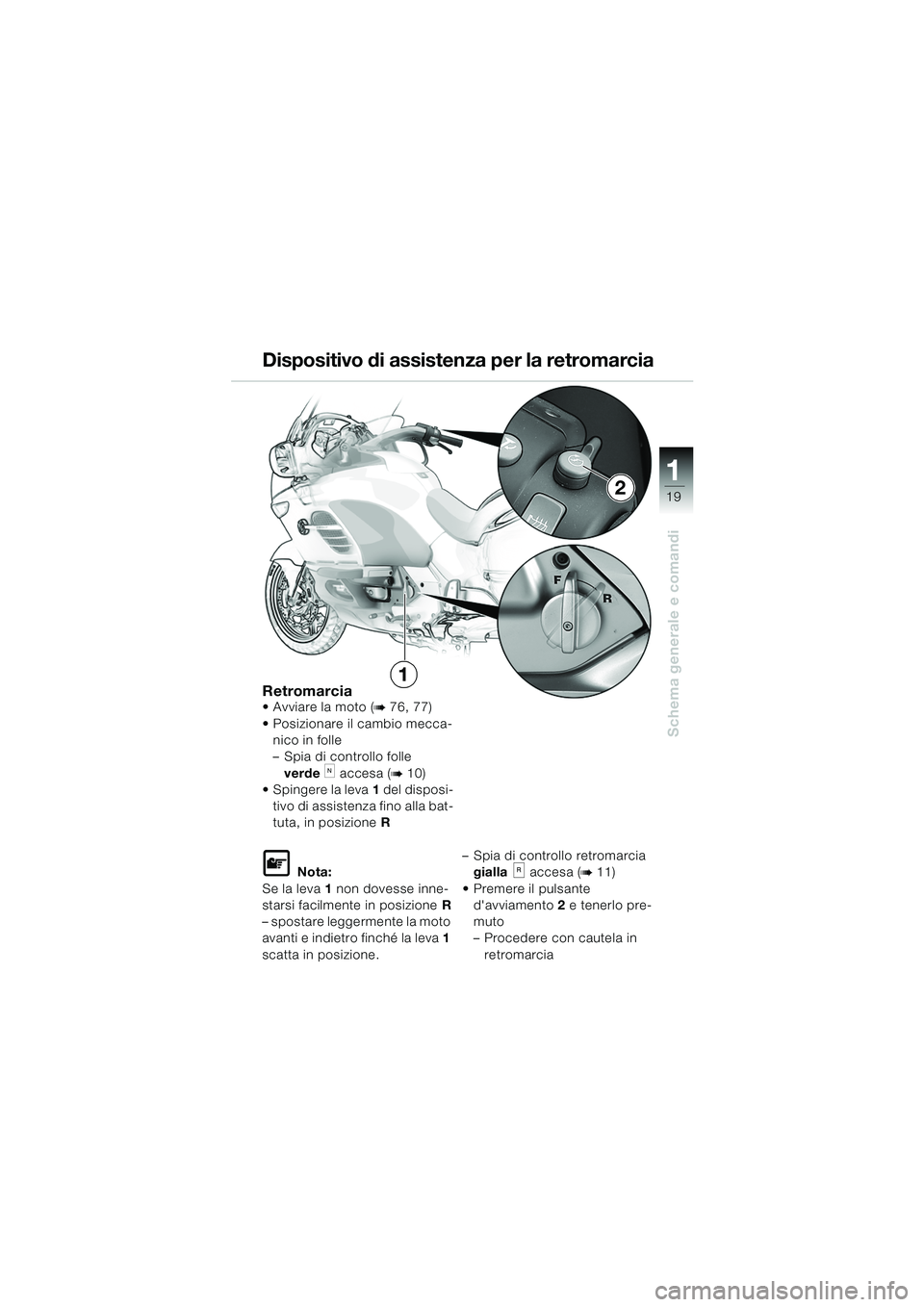 BMW MOTORRAD K 1200 LT 2005 Libretto di uso e manutenzione (in Italian) 19
Schema generale e comandi
1
Retromarcia Avviare la moto (b76, 77)
Posizionare il cambio mecca- nico in folle
– Spia di controllo folle
verde
k accesa (b10)
Spingere la leva 1 del disposi-
t BMW MOTORRAD K 1200 LT 2005 Libretto di uso e manutenzione (in Italian) 19
Schema generale e comandi
1
Retromarcia Avviare la moto (b76, 77)
Posizionare il cambio mecca- nico in folle
– Spia di controllo folle
verde
k accesa (b10)
Spingere la leva 1 del disposi-
t