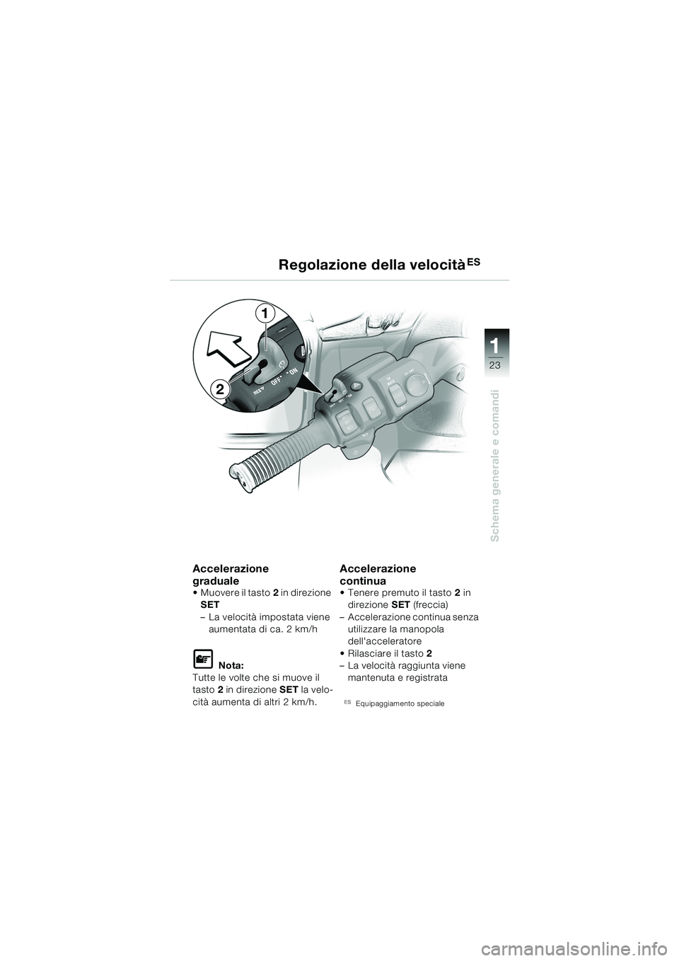BMW MOTORRAD K 1200 LT 2005 Libretto di uso e manutenzione (in Italian) 23
Schema generale e comandi
1
Regolazione della velocità ES
Accelerazione
graduale
Muovere il tasto2 in direzione
SET
– La velocità impostata viene
aumentata di ca. 2 km/h
L Nota:
Tutte le vol BMW MOTORRAD K 1200 LT 2005 Libretto di uso e manutenzione (in Italian) 23
Schema generale e comandi
1
Regolazione della velocità ES
Accelerazione
graduale
Muovere il tasto2 in direzione
SET
– La velocità impostata viene
aumentata di ca. 2 km/h
L Nota:
Tutte le vol
