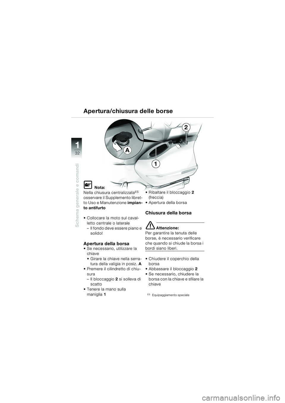 BMW MOTORRAD K 1200 LT 2005 Libretto di uso e manutenzione (in Italian) 32
Schema generale e comandi
1A
1
2
Apertura/chiusura delle borse
L Nota:
Nella chiusura centralizzataES
osservare il Supplemento libret-
to Uso e Manutenzione impian-
to antifurto
Collocare la mo BMW MOTORRAD K 1200 LT 2005 Libretto di uso e manutenzione (in Italian) 32
Schema generale e comandi
1A
1
2
Apertura/chiusura delle borse
L Nota:
Nella chiusura centralizzataES
osservare il Supplemento libret-
to Uso e Manutenzione impian-
to antifurto
Collocare la mo