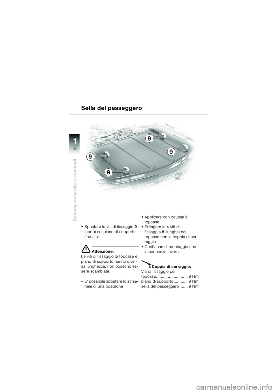 BMW MOTORRAD K 1200 LT 2005 Libretto di uso e manutenzione (in Italian) 38
Schema generale e comandi
1
Sella del passeggero
Spostare le viti di fissaggio9
(corte) sul piano di supporto
(freccia)
e Attenzione:
Le viti di fissaggio di topcase e
piano di supporto hanno BMW MOTORRAD K 1200 LT 2005 Libretto di uso e manutenzione (in Italian) 38
Schema generale e comandi
1
Sella del passeggero
Spostare le viti di fissaggio9
(corte) sul piano di supporto
(freccia)
e Attenzione:
Le viti di fissaggio di topcase e
piano di supporto hanno