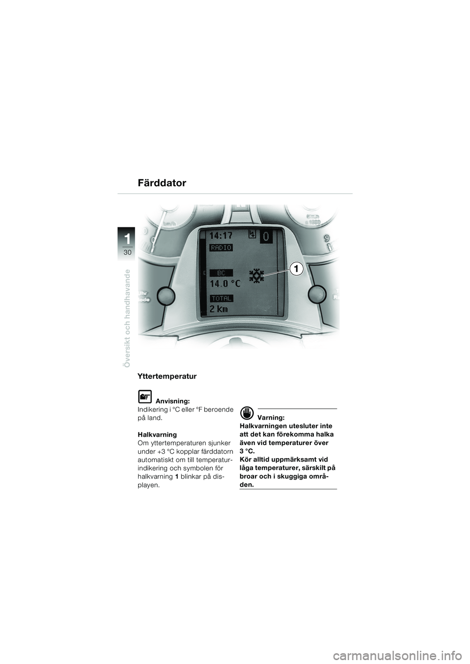 BMW MOTORRAD K 1200 LT 2005  Instruktionsbok (in Swedish) 30
Översikt och handhavande
1
Färddator
Yttertemperatur
L Anvisning:
Indikering i °C eller °F beroende 
på land.
Halkvarning
Om yttertemperaturen sjunker 
under +3 °C kopplar färddatorn 
automa