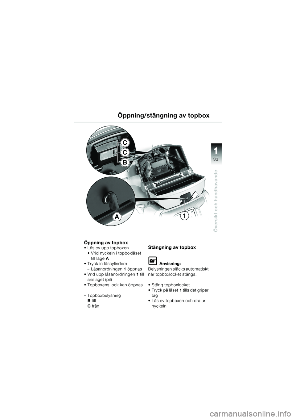 BMW MOTORRAD K 1200 LT 2005  Instruktionsbok (in Swedish) 33
Översikt och handhavande
1
Öppning/stängning av topbox
Öppning av topbox Lås ev upp topboxen  Vrid nyckeln i topboxlåset 
till läge A 
 Tryck in låscylindern
– Låsanordningen 1 öppna