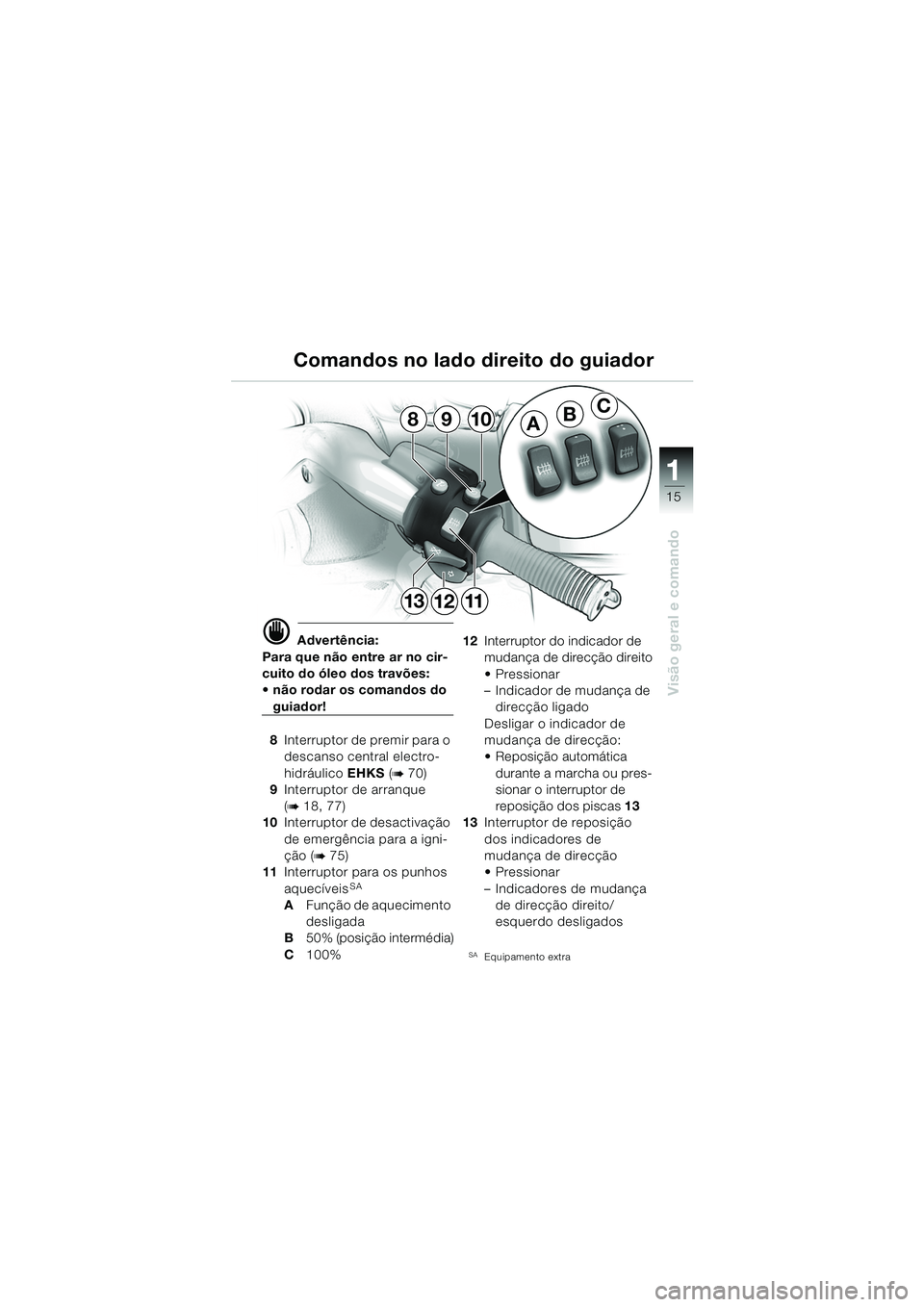 BMW MOTORRAD K 1200 LT 2005  Manual do condutor (in Portuguese) 15
Visão geral e comando
1
d Advertência:
Para que não entre ar no cir-
cuito do óleo dos travões: 
 não rodar os comandos do 
guiador!
8 Interruptor de premir para o 
descanso central electro-