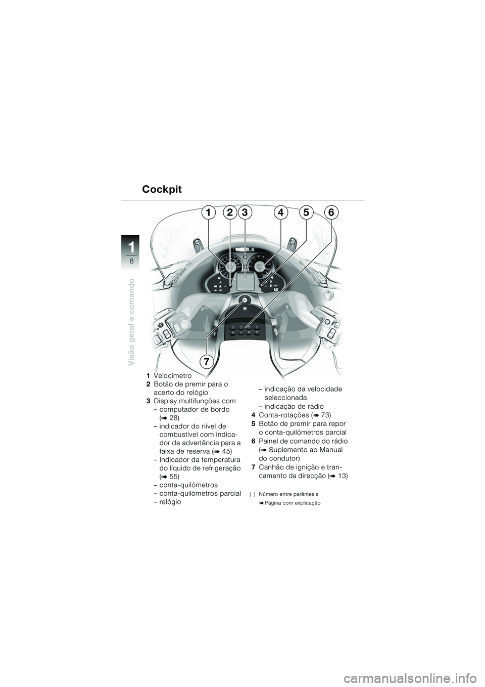 BMW MOTORRAD K 1200 LT 2005 Manual do condutor (in Portuguese) 8
Visão geral e comando
1
1Velocímetro
2 Botão de premir para o
acerto do relógio
3 Display multifunções com
– computador de bordo
(
b28)
– indicador do nível de combustível com indica BMW MOTORRAD K 1200 LT 2005 Manual do condutor (in Portuguese) 8
Visão geral e comando
1
1Velocímetro
2 Botão de premir para o
acerto do relógio
3 Display multifunções com
– computador de bordo
(
b28)
– indicador do nível de combustível com indica