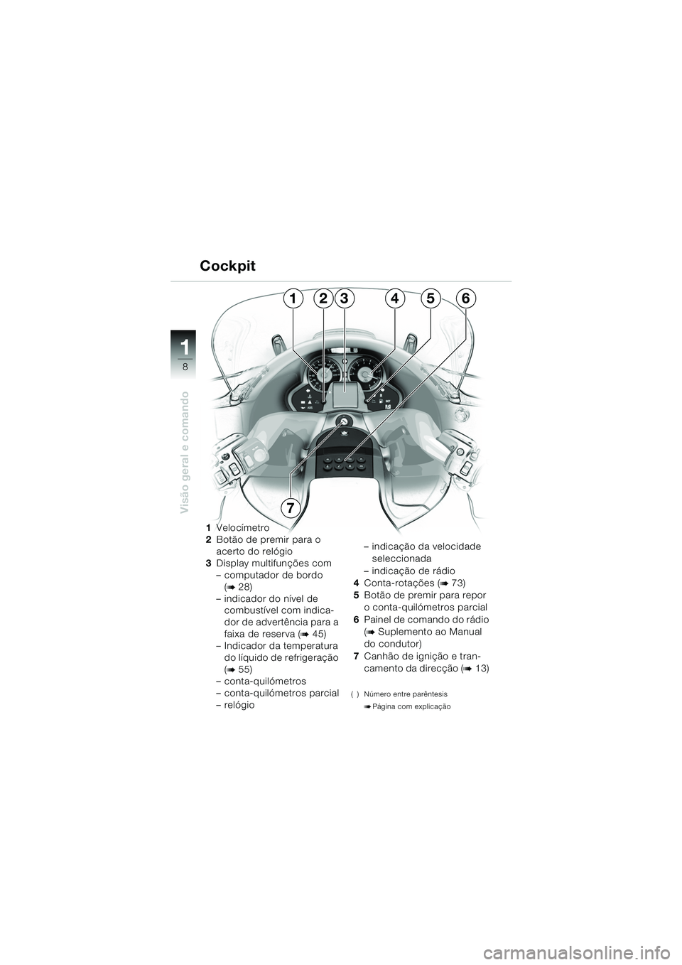 BMW MOTORRAD K 1200 LT 2005  Manual do condutor (in Portuguese) 8
Visão geral e comando
1
1Velocímetro
2 Botão de premir para o 
acerto do relógio
3 Display multifunções com 
– computador de bordo 
(
b28)
– indicador do nível de  combustível com indica