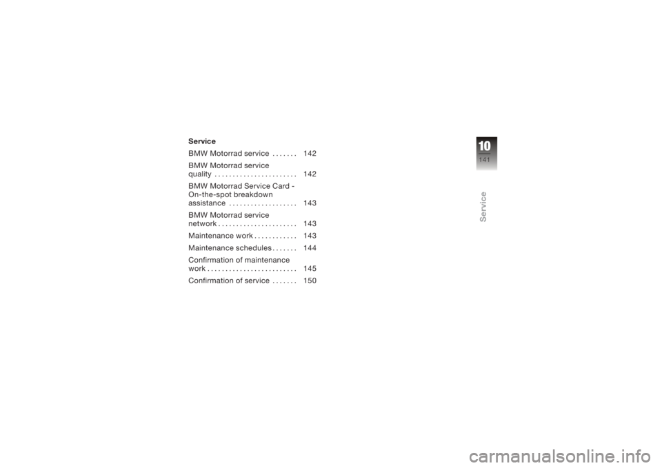 BMW MOTORRAD K 1200 R 2006  Riders Manual (in English) Service
BMW Motorrad service . . . . . . . 142
BMW Motorrad service
quality . . . . . . . . . . . . . . . . . . . . . . . 142
BMW Motorrad Service Card -
On-the-spot breakdown
assistance . . . . . . .