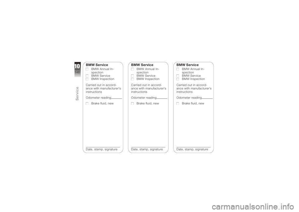 BMW MOTORRAD K 1200 R 2006  Riders Manual (in English) BMW Service
BMW Annual In-
spection
BMW Service
BMW Inspection
Carried out in accord-
ance with manufacturer's
instructions
Odometer reading Brake fluid, new
Date, stamp, signature
BMW Service
BMW