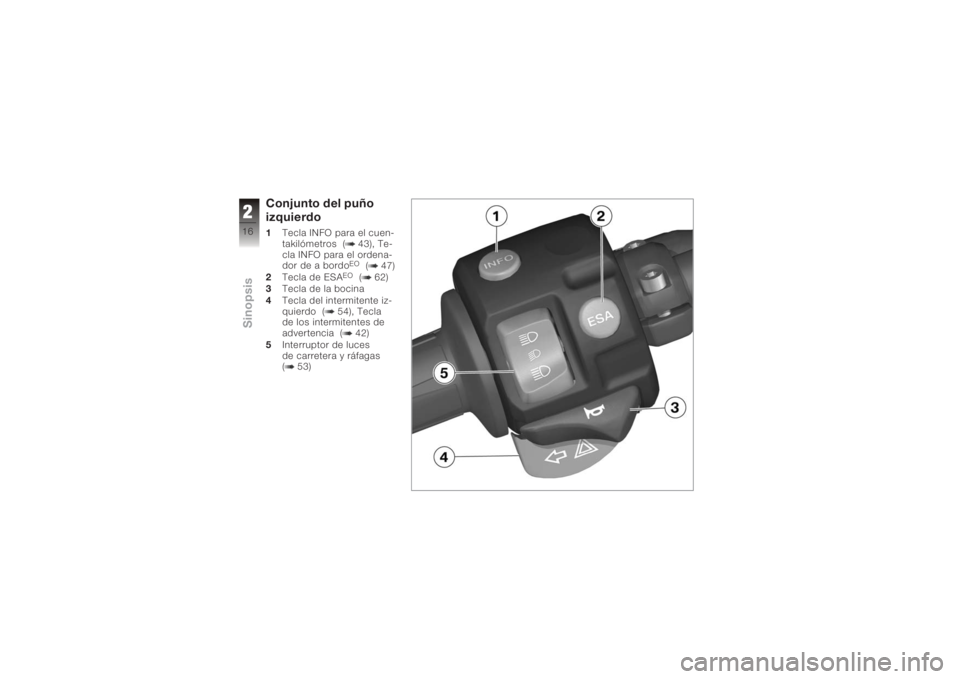 BMW MOTORRAD K 1200 R 2006 Manual de instrucciones (in Spanish) Conjunto del puño
izquierdo1Tecla INFO para el cuen-
takilómetros ( 43), Te-
cla INFO para el ordena-
dor de a bordo
EO
( 47)
2 Tecla de ESA
EO
( 62)
3 Tecla de la bocina
4 Tecla del intermitente iz BMW MOTORRAD K 1200 R 2006 Manual de instrucciones (in Spanish) Conjunto del puño
izquierdo1Tecla INFO para el cuen-
takilómetros ( 43), Te-
cla INFO para el ordena-
dor de a bordo
EO
( 47)
2 Tecla de ESA
EO
( 62)
3 Tecla de la bocina
4 Tecla del intermitente iz