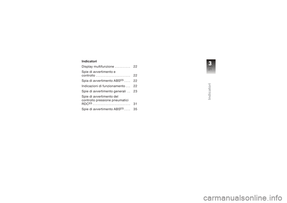 BMW MOTORRAD K 1200 R 2006  Libretto di uso e manutenzione (in Italian) Indicatori
Display multifunzione . . . . . . . . . . 22
Spie di avvertimento e
controllo . . . . . . . . . . . . . . . . . . . . . . 22
Spia di avvertimento ABS
ES
.... 22
Indicazioni di funzionamento