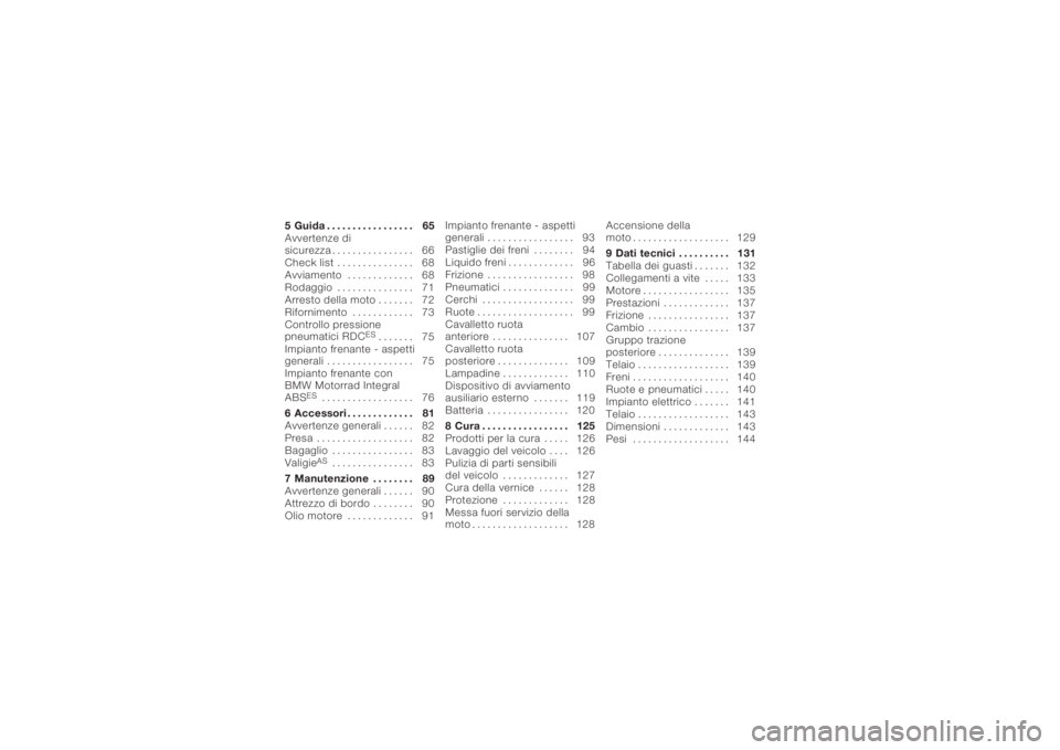 BMW MOTORRAD K 1200 R 2006  Libretto di uso e manutenzione (in Italian) 5 Guida................. 65
Avvertenze di
sicurezza . . . . . . .......... 66
Check list . . . . . .......... 68
Avviamento . . . .......... 68
Rodaggio . . . . . .......... 71
Arresto della moto . . 