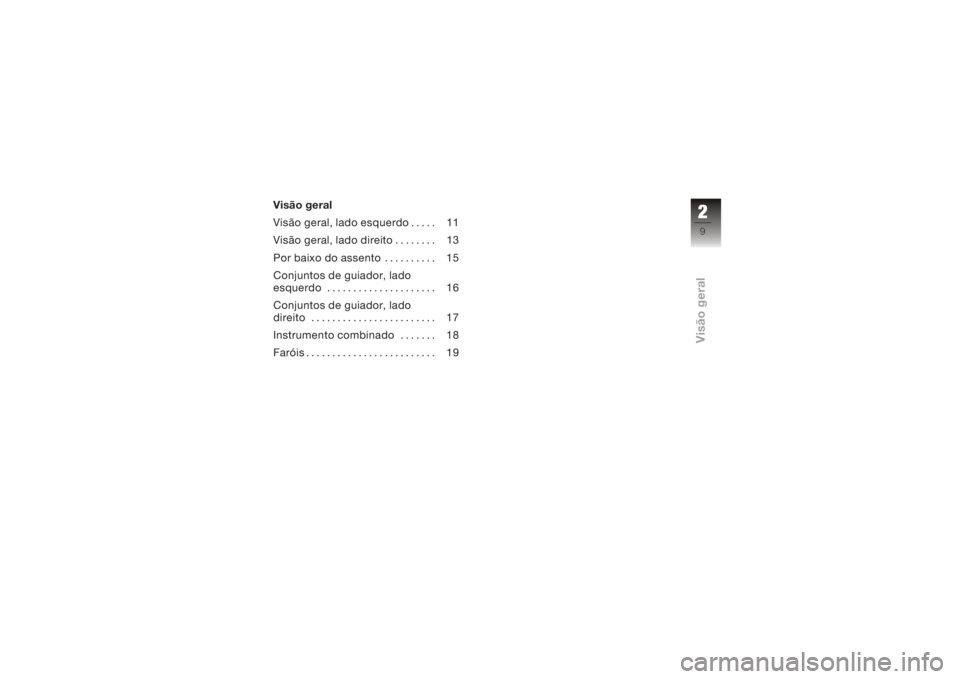 BMW MOTORRAD K 1200 R 2006  Manual do condutor (in Portuguese) Visão geral
Visão geral, lado esquerdo . . . . . 11
Visão geral, lado direito . . . . . . . . 13
Por baixo do assento . . . . . . . . . . 15
Conjuntos de guiador, lado
esquerdo . . . . . . . . . . 