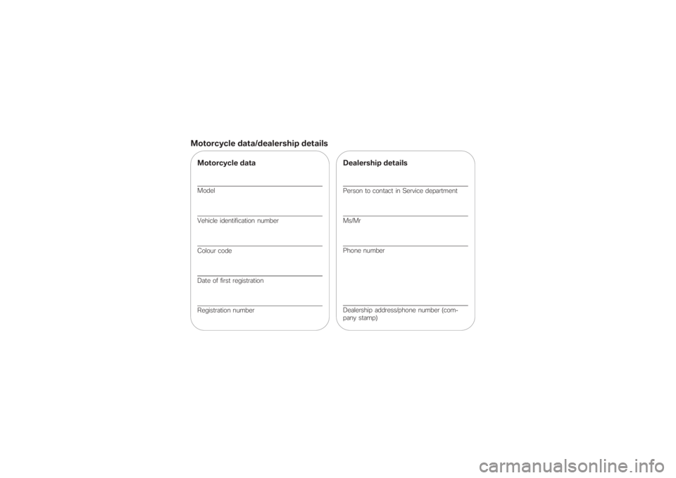 BMW MOTORRAD K 1200 R 2007  Riders Manual (in English) Motorcycle data/dealership detailsMotorcycle dataModel
Vehicle identification number
Colour code
Date of first registration
Registration number
Dealership detailsPerson to contact in Service departmen