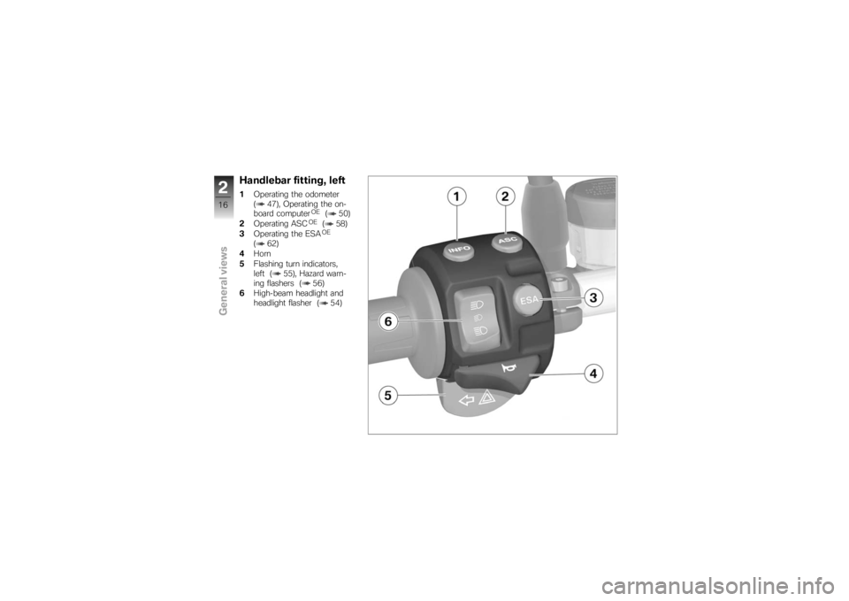 BMW MOTORRAD K 1200 R 2007  Riders Manual (in English) Handlebar fitting, left1Operating the odometer
( 47), Operating the on-
board computer
OE
( 50)
2 Operating ASC
OE
( 58)
3 Operating the ESAOE
( 62)
4 Horn
5 Flashing turn indicators,
left ( 55), Haza