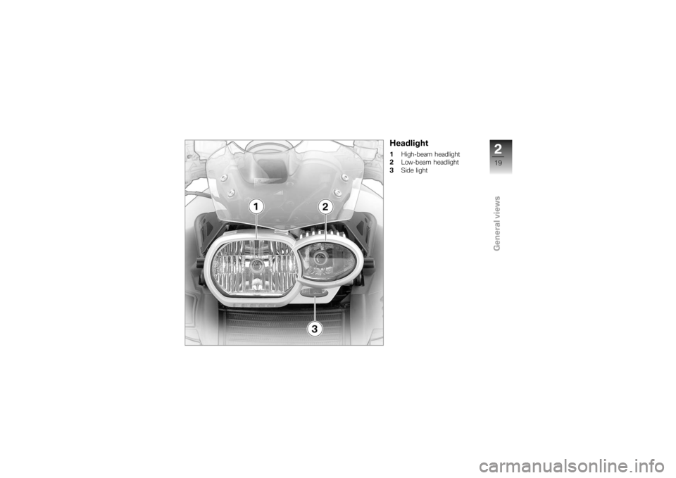 BMW MOTORRAD K 1200 R 2007 Riders Manual (in English) Headlight1High-beam headlight
2 Low-beam headlight
3 Side light
219zGeneral views BMW MOTORRAD K 1200 R 2007 Riders Manual (in English) Headlight1High-beam headlight
2 Low-beam headlight
3 Side light
219zGeneral views