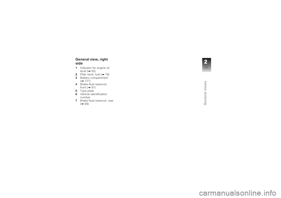 BMW MOTORRAD K 1200 R 2008  Riders Manual (in English) General view, right
side1Indicator for engine oil
level ( 93)
2 Filler neck, fuel ( 78)
3 Battery compartment
( 121)
4 Brake-fluid reservoir,
front ( 97)
5 Type plate
6 Vehicle identification
number
7