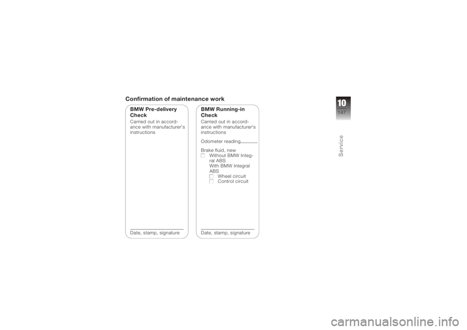 BMW MOTORRAD K 1200 R 2008  Riders Manual (in English) Confirmation of maintenance workBMW Pre-delivery
CheckCarried out in accord-
ance with manufacturer's
instructions
Date, stamp, signature
BMW Running-in
CheckCarried out in accord-
ance with manuf