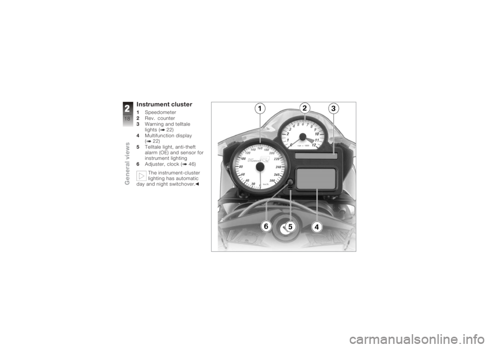 BMW MOTORRAD K 1200 R 2008  Riders Manual (in English) Instrument cluster1Speedometer
2 Rev. counter
3 Warning and telltale
lights ( 22)
4 Multifunction display
( 22)
5 Telltale light, anti-theft
alarm (OE) and sensor for
instrument lighting
6 Adjuster, c