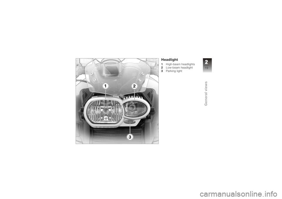 BMW MOTORRAD K 1200 R 2008 Riders Manual (in English) Headlight1High-beam headlights
2 Low-beam headlight
3 Parking light
219zGeneral views BMW MOTORRAD K 1200 R 2008 Riders Manual (in English) Headlight1High-beam headlights
2 Low-beam headlight
3 Parking light
219zGeneral views