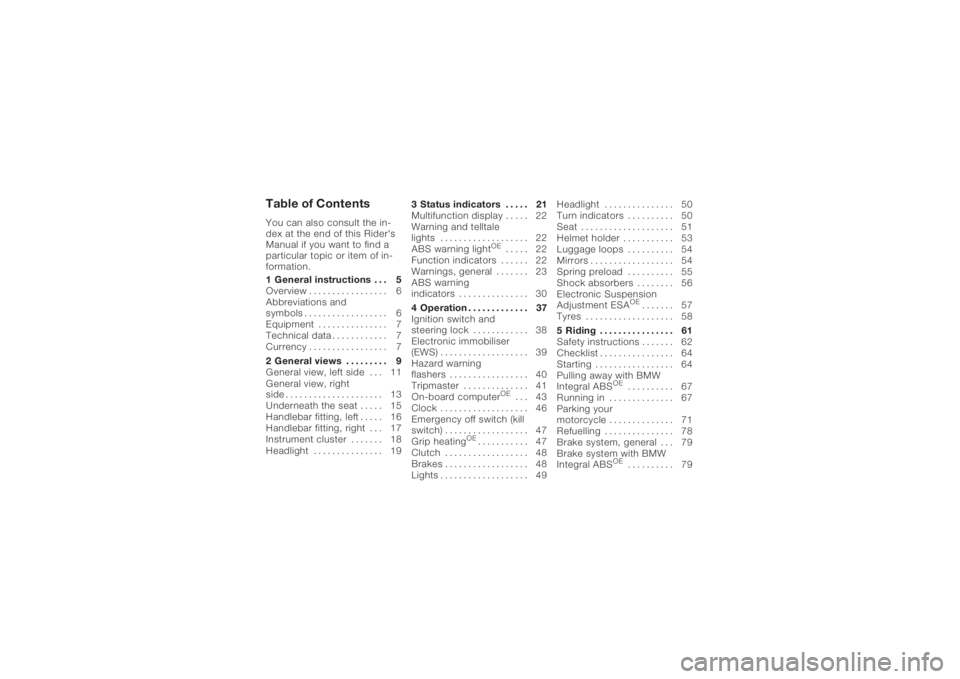 BMW MOTORRAD K 1200 R 2008 Riders Manual (in English) Table of ContentsYou can also consult the in-
dex at the end of this Rider's
Manual if you want to find a
particular topic or item of in-
formation.
1 General instructions . . . 5
Overview . . . . BMW MOTORRAD K 1200 R 2008 Riders Manual (in English) Table of ContentsYou can also consult the in-
dex at the end of this Rider's
Manual if you want to find a
particular topic or item of in-
formation.
1 General instructions . . . 5
Overview . . . .