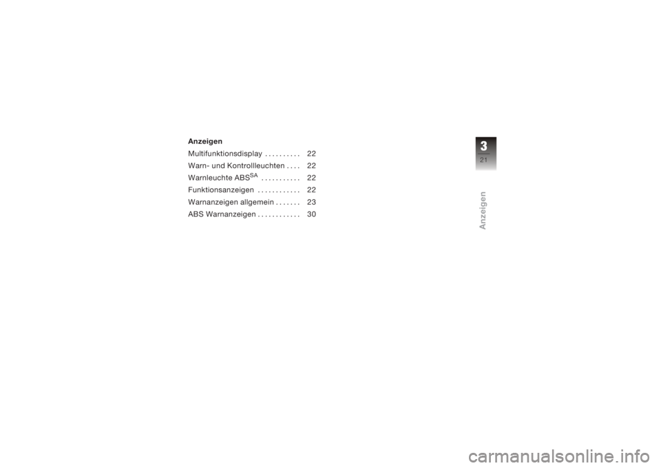 BMW MOTORRAD K 1200 R 2008  Betriebsanleitung (in German) Anzeigen
Multifunktionsdisplay .......... 22
Warn- und Kontrollleuchten .... 22
Warnleuchte ABS
SA
........... 22
Funktionsanzeigen . . . ......... 22
Warnanzeigen allgemein . . . .... 23
ABS Warnanze