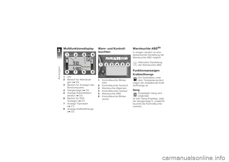 BMW MOTORRAD K 1200 R 2008  Betriebsanleitung (in German) Multifunktionsdisplay1Uhr
2 Bereich für Warnanzei-
gen ( 23)
3 Bereich für Anzeigen des
Bordcomputers
4 Ganganzeige ( 22)
5 Anzeige Kühlmitteltem-
peratur ( 23)
6 Bereich für ESA-
Anzeigen ( 57)
7