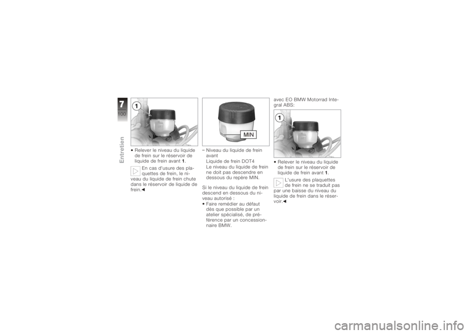 BMW MOTORRAD K 1200 R 2008 Livret de bord (in French) Relever le niveau du liquide
de frein sur le réservoir de
liquide de frein avant1.
En cas d'usure des pla-
quettes de frein, le ni-
veau du liquide de frein chute
dans le réservoir de liquide de BMW MOTORRAD K 1200 R 2008 Livret de bord (in French) Relever le niveau du liquide
de frein sur le réservoir de
liquide de frein avant1.
En cas d'usure des pla-
quettes de frein, le ni-
veau du liquide de frein chute
dans le réservoir de liquide de