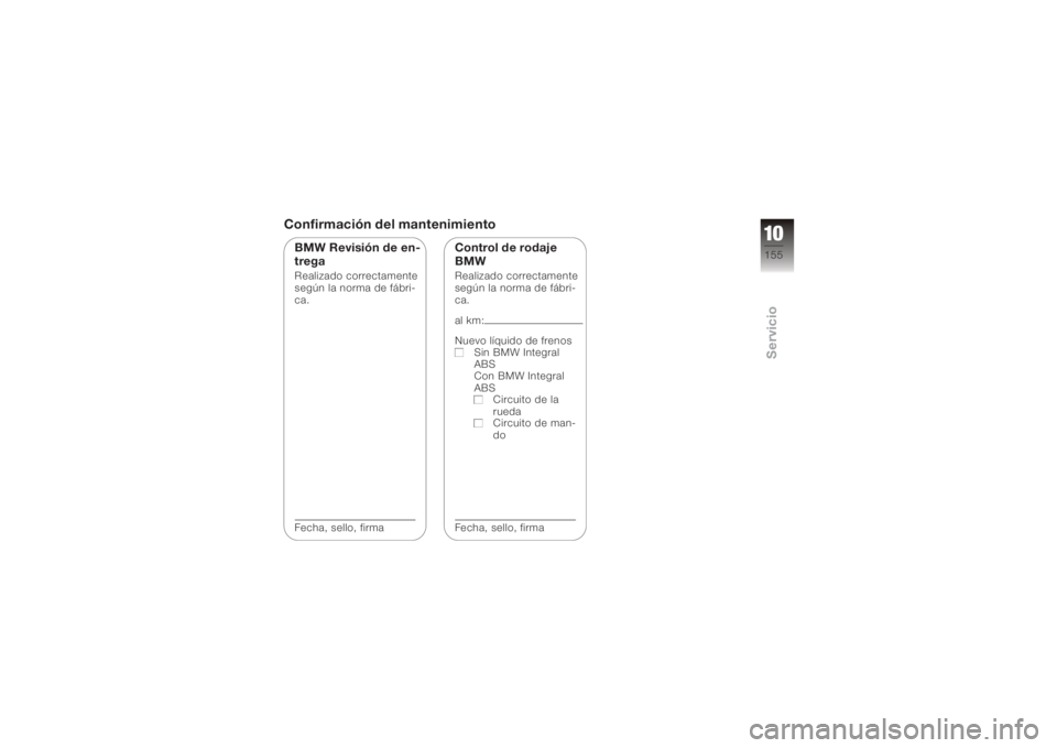 BMW MOTORRAD K 1200 R 2008  Manual de instrucciones (in Spanish) Confirmación del mantenimientoBMW Revisión de en-
tregaRealizado correctamente
según la norma de fábri-
ca.
Fecha, sello, firma
Control de rodaje
BMWRealizado correctamente
según la norma de fáb