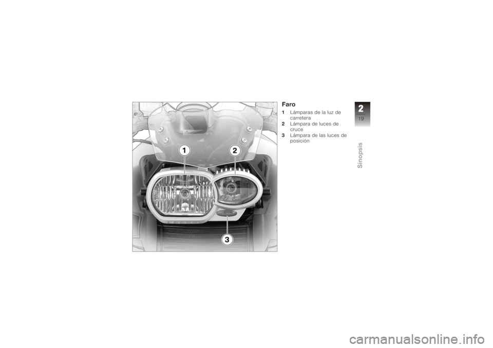 BMW MOTORRAD K 1200 R 2008 Manual de instrucciones (in Spanish) Faro1Lámparas de la luz de
carretera
2 Lámpara de luces de
cruce
3 Lámpara de las luces de
posición
219zSinopsis BMW MOTORRAD K 1200 R 2008 Manual de instrucciones (in Spanish) Faro1Lámparas de la luz de
carretera
2 Lámpara de luces de
cruce
3 Lámpara de las luces de
posición
219zSinopsis