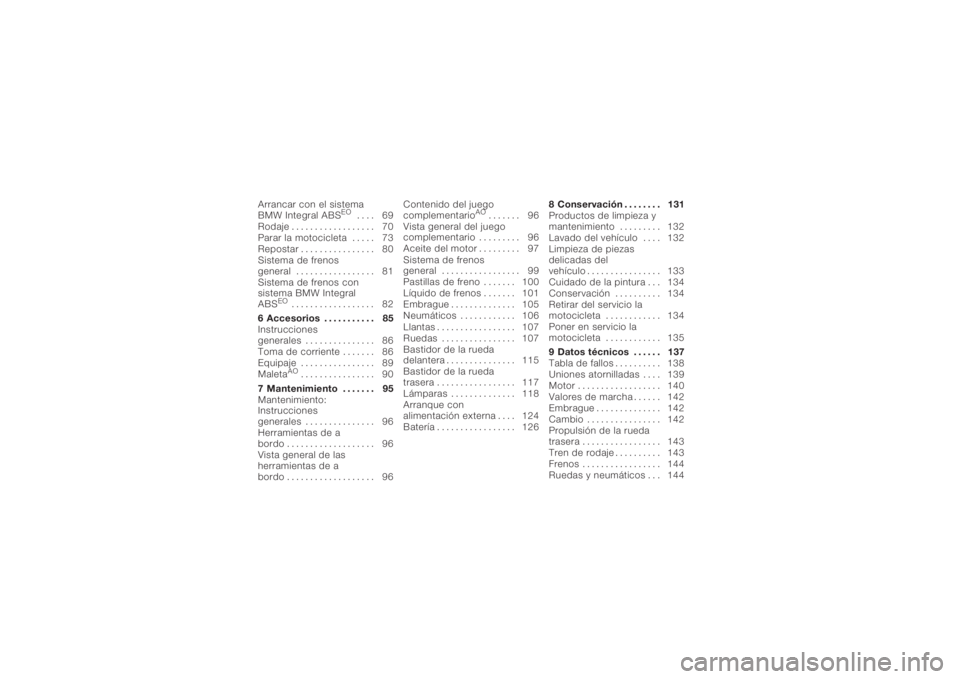 BMW MOTORRAD K 1200 R 2008  Manual de instrucciones (in Spanish) Arrancar con el sistema
BMW Integral ABS
EO
.... 69
Rodaje . . . . . . . . . . . . . . . . . . 70
Parar la motocicleta . . . . . 73
Repostar . . . . . . . . . . . . . . . . 80
Sistema de frenos
genera
